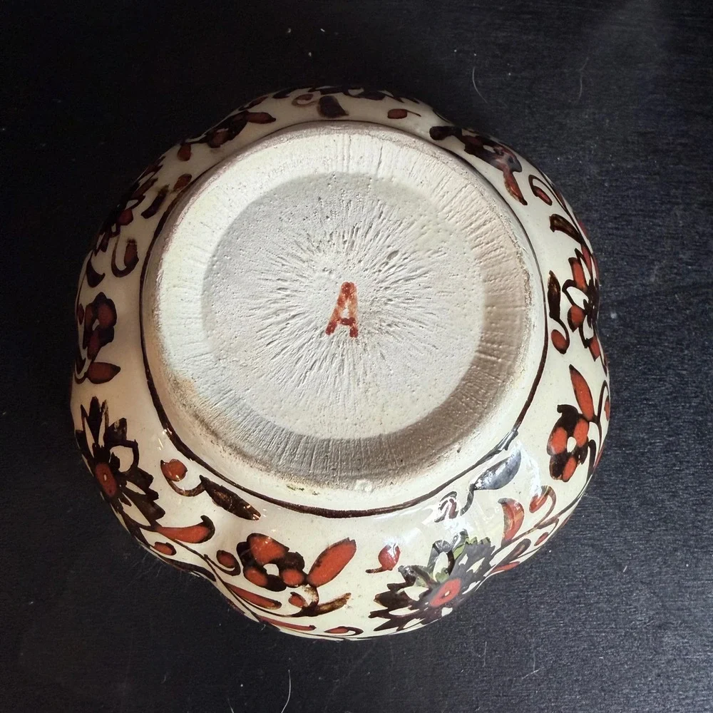 Hand Painted Floral Ceramic Bowl Scalloped Rim Rust Red Brown Artisan Pottery
